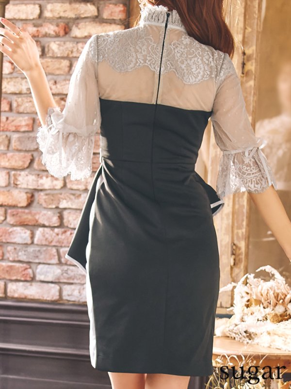 画像9: XLサイズあり【Alice/アリス】バイカラー/ 七分袖/ シアー/ 変形スカート/タイト/ミニドレス/ キャバドレス【HC03】