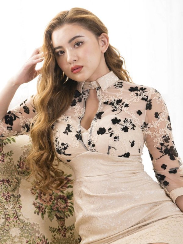 画像5: XLサイズあり【Alice/アリス】フラワー刺繍 /バイカラー/ 七分袖/ シアー/タイト/ミニドレス/ キャバドレス【HC03】