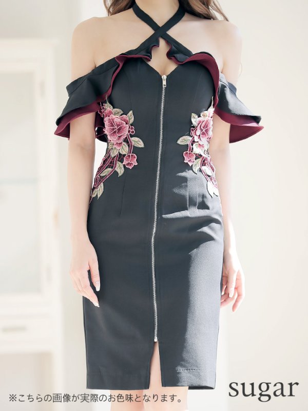 画像4: ☆人気の為再入荷☆XLサイズあり【Alice/アリス】 クロスホルター/ フリルオフショルダー/ フロントジップ/ ミディアム丈/ミニドレス/ キャバドレス【HC03】