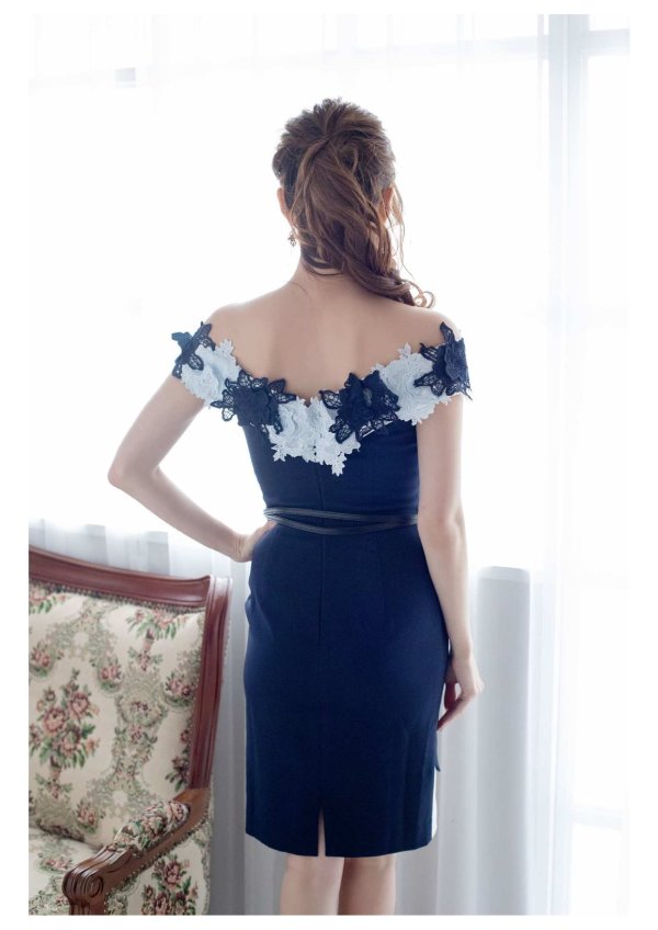 画像3: Lサイズあり【Alice/アリス】フラワーレース/ オフショルダー/ベルト/ ミディアム丈/ミニドレス/ キャバドレス【HC03】