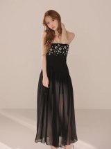即日発送【Glossy/グロッシー】ビジュー/ ベアトップ/ リブニット/ シアー/ シフォン/ ストレッチ/ ワンピース/ フレア/ ミディアムドレス/ キャバドレス[OF08]