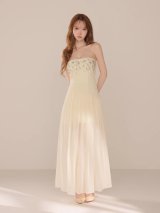 即日発送【Glossy/グロッシー】ビジュー/ ベアトップ/ リブニット/ シアー/ シフォン/ ストレッチ/ ワンピース/ フレア/ ミディアムドレス/ キャバドレス[OF08]