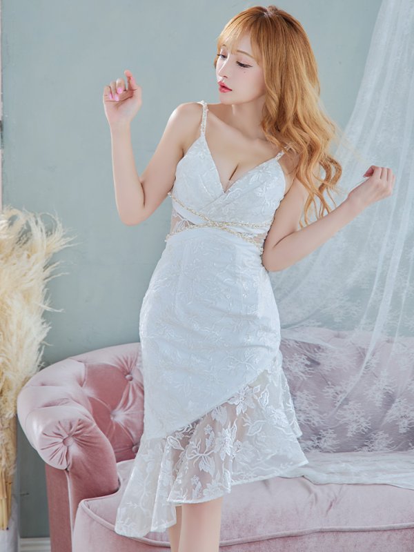 画像7: 【Jessica/ジェシカ】 フラワーレース/ ゴールドチェーン/ Vネック/ キャミソール/ フリル/ アシンメトリー/ タイト/ ミディアムドレス/ キャバドレス【HC03】