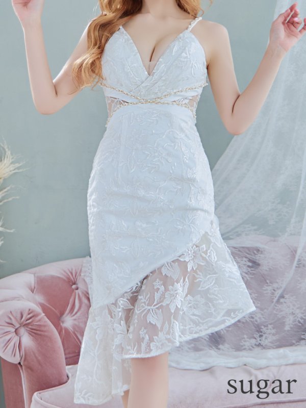 画像10: 【Jessica/ジェシカ】 フラワーレース/ ゴールドチェーン/ Vネック/ キャミソール/ フリル/ アシンメトリー/ タイト/ ミディアムドレス/ キャバドレス【HC03】