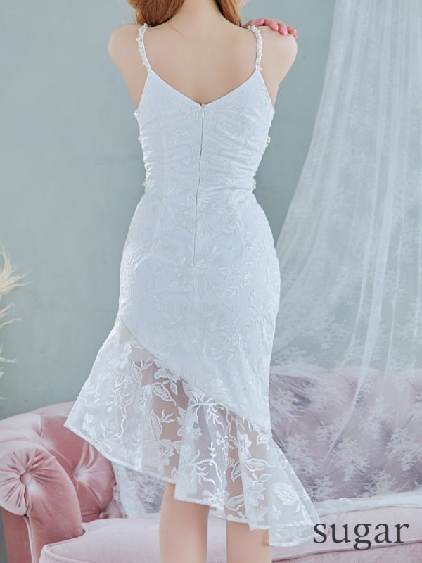 画像11: 【Jessica/ジェシカ】 フラワーレース/ ゴールドチェーン/ Vネック/ キャミソール/ フリル/ アシンメトリー/ タイト/ ミディアムドレス/ キャバドレス【HC03】