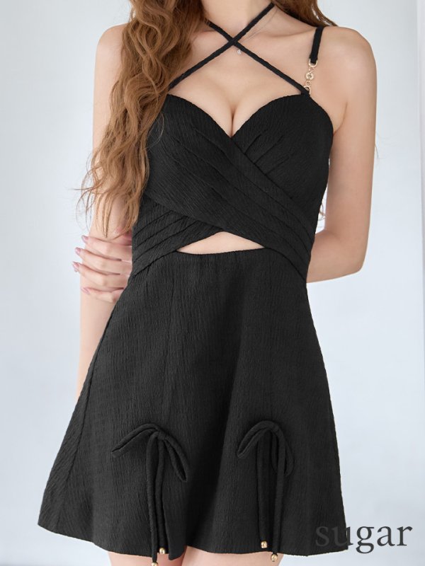 画像14: XSサイズあり【IRMA/イルマ】チェーン付き/ クロスデザイン/ キャミソール/ カットアウト/ リボン/ フレア/ ミニドレス/ キャバドレス[OF2A]