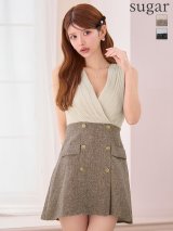 XSサイズあり【IRMA/イルマ】プリーツ/ シフォン/ Vネック/ ツイード/ 切替/ 台形スカート/ フレア/ ミニドレス/ キャバドレス[OF2A]