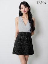 XSサイズあり【IRMA/イルマ】プリーツ/ シフォン/ Vネック/ ツイード/ 切替/ 台形スカート/ フレア/ ミニドレス/ キャバドレス[OF2A]