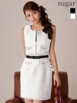 XSサイズあり【IRMA/イルマ】ベスト付き/ リボンベルト/ ツイード/ フリンジ/ ノースリーブ/ タイト/ ミニドレス/ キャバドレス[OF2A]