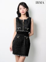 XSサイズあり【IRMA/イルマ】ベスト付き/ リボンベルト/ ツイード/ フリンジ/ ノースリーブ/ タイト/ ミニドレス/ キャバドレス[OF2A]