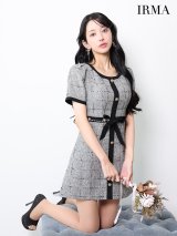 XSサイズあり【IRMA/イルマ】ラメ糸/ チェックツイード/ リボンベルト/ 半袖/ 袖あり/ フレア/ ミニドレス/ キャバドレス[OF2A]
