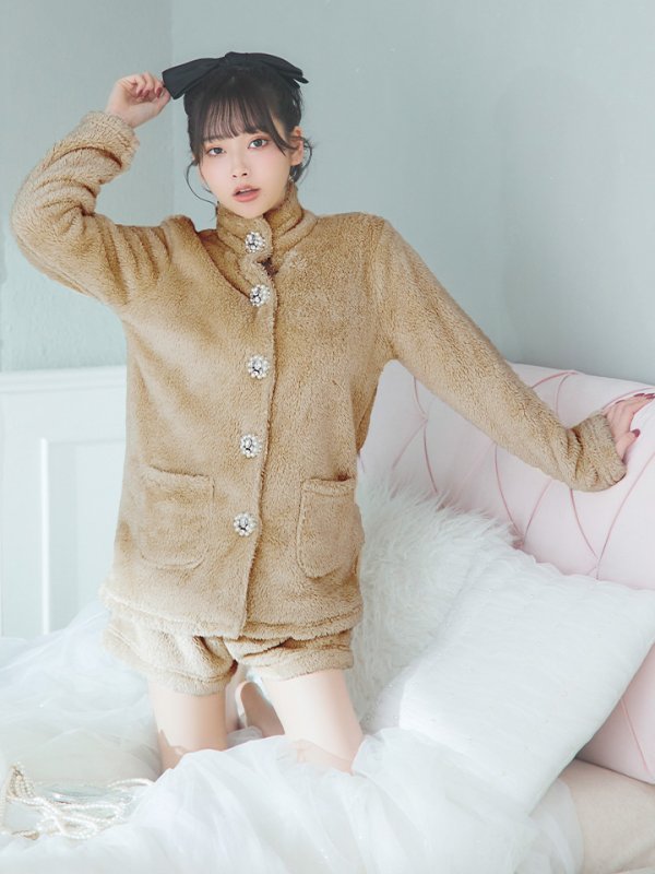 画像3: 【小物SALE】【ルームウェア】もこもこ/ パールボタン/ ハイネック/ 長袖/ ポケット付き/ パンツ/ セットアップ/ ルームウエア[HC02]
