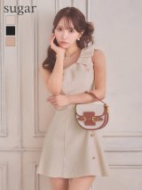 XSサイズあり【IRMA/イルマ】ラメ/ ショルダーリボン/ サマーツイード/ ワンショルダー/ ゴールドボタン/ フレア/ ミニドレス/ キャバドレス[OF2A]