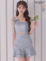 XSサイズあり【IRMA/イルマ】ラメニット/ リボン/ ワンショルダー/ ビーズ刺繍/ ティアードフリル/ フレア/ ウエストカット/ ストレッチ/ ミニドレス/ キャバドレス[OF2A]