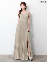 【IRMA/イルマ】プリーツ/ ストレッチ/ ラメニット/ ノースリーブ/ スリット/ フレア/ ロングドレス/ キャバドレス long[OF2A]