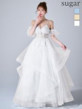 【JEAN MACLEAN/ジャンマクレーン】パフスリーブ付き/ 2way/ オフショル/ キャミ/ シアー/ フラワー刺繍/ フリル/ レース/ チュール/ フレア/ プリンセス/ ロングドレス/ キャバドレス long[OF2A]