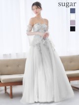 【JEAN MACLEAN/ジャンマクレーン】チョーカー/ 袖付き/ 2way/ オフショル/ ロングスリーブ/ 立体フラワー/ シアー/ チュール/ スパンコール/ ビーズ刺繍/ フレア/ プリンセス/ ロングドレス/ キャバドレス long[OF2A]