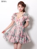 XSサイズあり【IRMA/イルマ】フラワープリント/ 袖あり/ パフスリーブ/ 半袖/ フリル/ フレア/ ミニドレス/ キャバドレス[OF2A]