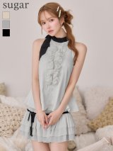 【予約商品/2月下旬発送予定】XSサイズあり【IRMA/イルマ】フリル/ ハイネック/ バイカラー/ リボン/ ノースリーブ/ フレア/ セットアップ/ ミニドレス/ キャバドレス[OF2A]