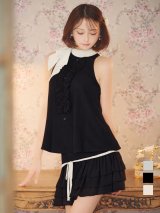 即日発送【IRMA/イルマ】フリル/ ハイネック/ バイカラー/ リボン/ ノースリーブ/ フレア/ セットアップ/ ミニドレス/ キャバドレス[OF2A]