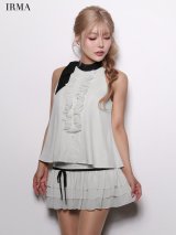 【予約商品/2月下旬発送予定】XSサイズあり【IRMA/イルマ】フリル/ ハイネック/ バイカラー/ リボン/ ノースリーブ/ フレア/ セットアップ/ ミニドレス/ キャバドレス[OF2A]