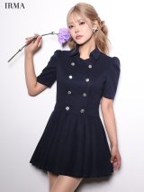 【予約商品/2月下旬発送予定】XSサイズあり【IRMA/イルマ】袖あり/ パフスリーブ/ 襟付き/ プリーツ/ ダブルボタン/ ストレッチ/ 半袖/ ハイウエスト/ フレア/ ミニドレス/ キャバドレス[OF2A]
