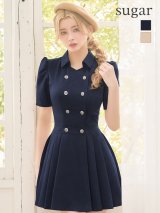 【予約商品/2月下旬発送予定】XSサイズあり【IRMA/イルマ】袖あり/ パフスリーブ/ 襟付き/ プリーツ/ ダブルボタン/ ストレッチ/ 半袖/ ハイウエスト/ フレア/ ミニドレス/ キャバドレス[OF2A]