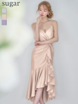 【予約商品/2月下旬発送予定】XSサイズあり【JEAN MACLEAN/ジャンマクレーン】 マーメイド/ シャイニーサテン/ タック/ キャミソール/ ひざ丈/ ストレッチ/ フリル/ テールカット/ ミディアムドレス/ キャバドレス[OF2A]