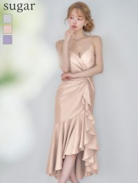 XSサイズあり【JEAN MACLEAN/ジャンマクレーン】 マーメイド/ シャイニーサテン/ タック/ キャミソール/ ひざ丈/ ストレッチ/ フリル/ テールカット/ ミディアムドレス/ キャバドレス[OF2A]