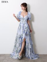 【IRMA/イルマ】ティアード/ フリル/ オフショル/ パフスリーブ/ テールカット/ フラワープリント/ シフォン/ フレア/ プリンセス/ ロングドレス/ キャバドレス long[OF2A]