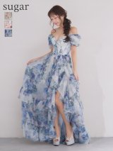 【IRMA/イルマ】ティアード/ フリル/ オフショル/ パフスリーブ/ テールカット/ フラワープリント/ シフォン/ フレア/ プリンセス/ ロングドレス/ キャバドレス long[OF2A]