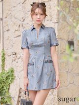 XSサイズあり【IRMA/イルマ】襟付き/ ハーフスリーブ/ バストジップ/ フラワー刺繍/ 半袖/ フレア/ ミニドレス/ キャバドレス[OF2A]