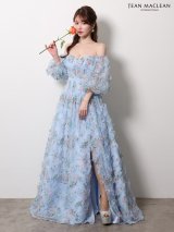 【JEAN MACLEAN/ジャンマクレーン】フラワープリント/ 袖付き/ 2way/ オフショル/ ベア/ パフスリーブ/ 七分袖/ シアー/ チュール/ フリル/ フレア/ プリンセス/ スリット/スピンドル / ロングドレス/ キャバドレス long[OF2A]