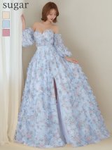 【JEAN MACLEAN/ジャンマクレーン】フラワープリント/ 袖付き/ 2way/ オフショル/ ベア/ パフスリーブ/ 七分袖/ シアー/ チュール/ フリル/ フレア/ プリンセス/ スリット/スピンドル / ロングドレス/ キャバドレス long[OF2A]