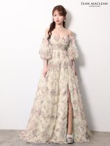 【JEAN MACLEAN/ジャンマクレーン】フラワープリント/ 袖付き/ 2way/ オフショル/ ベア/ パフスリーブ/ 七分袖/ シアー/ チュール/ フリル/ フレア/ プリンセス/ スリット/スピンドル / ロングドレス/ キャバドレス long[OF2A]