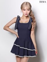 XSサイズあり【IRMA/イルマ】リボン取り外し可/ 2way/ スクエアネック/ ティアード/ 2段フリル/ ノースリーブ/ ショルダーリボン/ フリル/ パイピング/ フレア/ ミニドレス/ キャバドレス[OF2A]