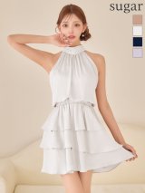 sugarオリジナルカラー・XSサイズあり【IRMA/イルマ】ストライプ/ ティアード/ アメリカンスリーブ/ バックリボン/ ハイネック/ フリル/ シフォン/ フレア/ ミニドレス/ キャバドレス[OF2A]