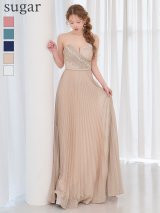 【IRMA/イルマ】ビジュー/ ハイウエスト/ ベア/ リボン/ ストレッチ/ タック/ ラメニット/ プリーツ/ ワンピース/ フレア/ ロングドレス/ キャバドレス long[OF2A]