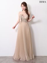 【IRMA/イルマ】ビジュー/ ハイウエスト/ ベア/ リボン/ ストレッチ/ タック/ ラメニット/ プリーツ/ ワンピース/ フレア/ ロングドレス/ キャバドレス long[OF2A]
