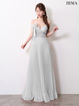 【IRMA/イルマ】ビジュー/ ハイウエスト/ ベア/ リボン/ ストレッチ/ タック/ ラメニット/ プリーツ/ ワンピース/ フレア/ ロングドレス/ キャバドレス long[OF2A]