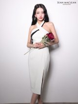 【予約商品/5月下旬発送予定】XSサイズあり【JEAN MACLEAN/ジャンマクレーン】クロスネック/ バイカラー/ ホルターネック/ 無地/ ノースリーブ/ ひざ丈/ スリット/ タイト/ ミディアムドレス/ キャバドレス[OF2A]