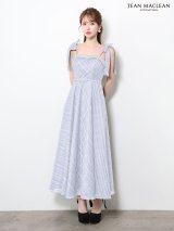 XSサイズあり【JEAN MACLEAN/ジャンマクレーン】オーガンジー/チェック/ ショルダーリボン/ ベルト/ キャミソール/ フレア/ ワンピース/ ミディアムドレス/ キャバドレス[OF2A]