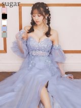 【JEAN MACLEAN/ジャンマクレーン】ロングスリーブ付き/ チュール/ パフスリーブ/ フラワー刺繍/ スパンコール/ フレア/ プリンセス/ ロングドレス/ キャバドレス long[OF2A]