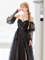 【予約商品/5月下旬発送予定】【JEAN MACLEAN/ジャンマクレーン】ロングスリーブ付き/ チュール/ パフスリーブ/ フラワー刺繍/ スパンコール/ フレア/ プリンセス/ ロングドレス/ キャバドレス long[OF2A]