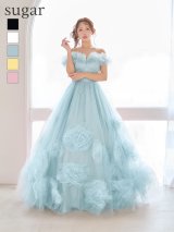 【JEAN MACLEAN/ジャンマクレーン】オフショル/ フリル/ 立体フラワー/ チュール/ オーガンジー/ フレア/ プリンセス/ ロングドレス/ キャバドレス long[OF2A]