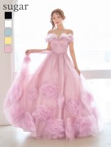 【JEAN MACLEAN/ジャンマクレーン】オフショル/ フリル/ 立体フラワー/ チュール/ オーガンジー/ フレア/ プリンセス/ ロングドレス/ キャバドレス long[OF2A]