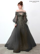 【予約商品/6月下旬発送予定】【JEAN MACLEAN/ジャンマクレーン】シアー/ 立体フラワー/ バックリボン/ オフショル/ ネット/ レース/ 長袖/ パフスリーブ/ プリンセス/ ロングドレス/ キャバドレス long[OF2A]