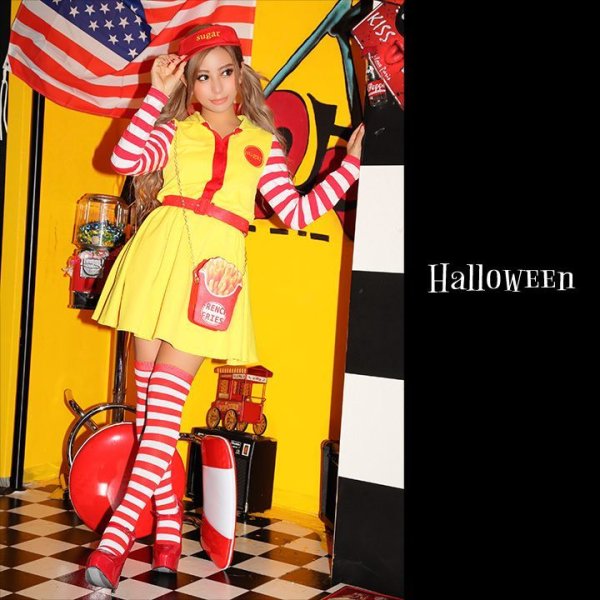 画像3: 【SALE!!】ハンバーガーショップガール/ウェイトレスコスプレ/フレアスカート/ロングスリーブ/Aライン【ハロウィン3点セット】【S-XLサイズ/1カラー】(v01/STEE07R)[HC03]