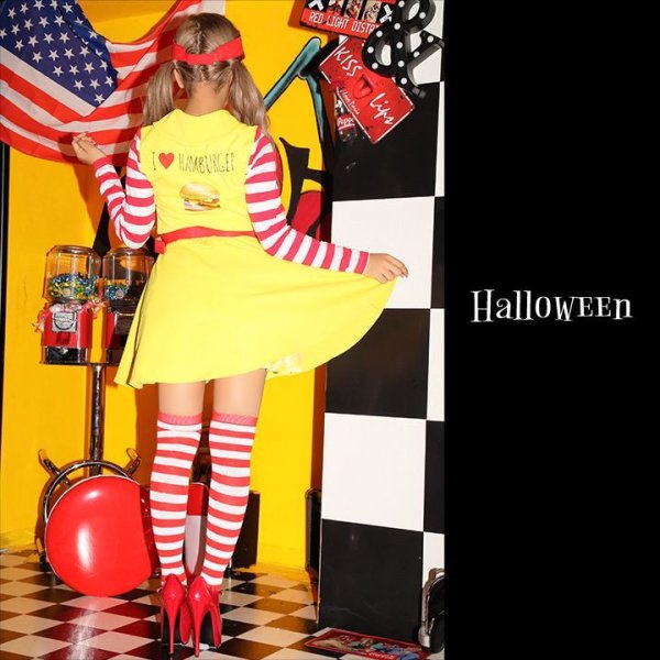 画像4: 【SALE!!】ハンバーガーショップガール/ウェイトレスコスプレ/フレアスカート/ロングスリーブ/Aライン【ハロウィン3点セット】【S-XLサイズ/1カラー】(v01/STEE07R)[HC03]
