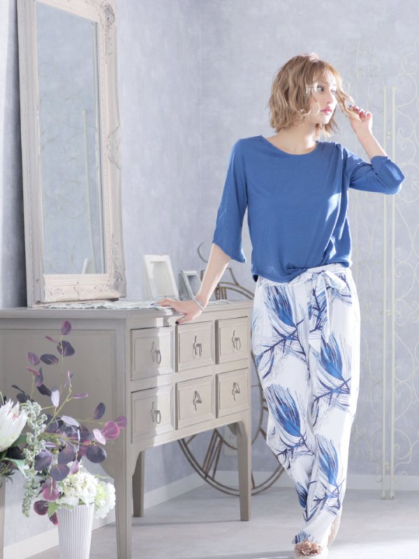 画像3: 【小物SALE】【ルームウェア】フレアースリーブネイビーリーフ柄セットアップ　”ファッション雑誌SHeコラボ” [HC02]